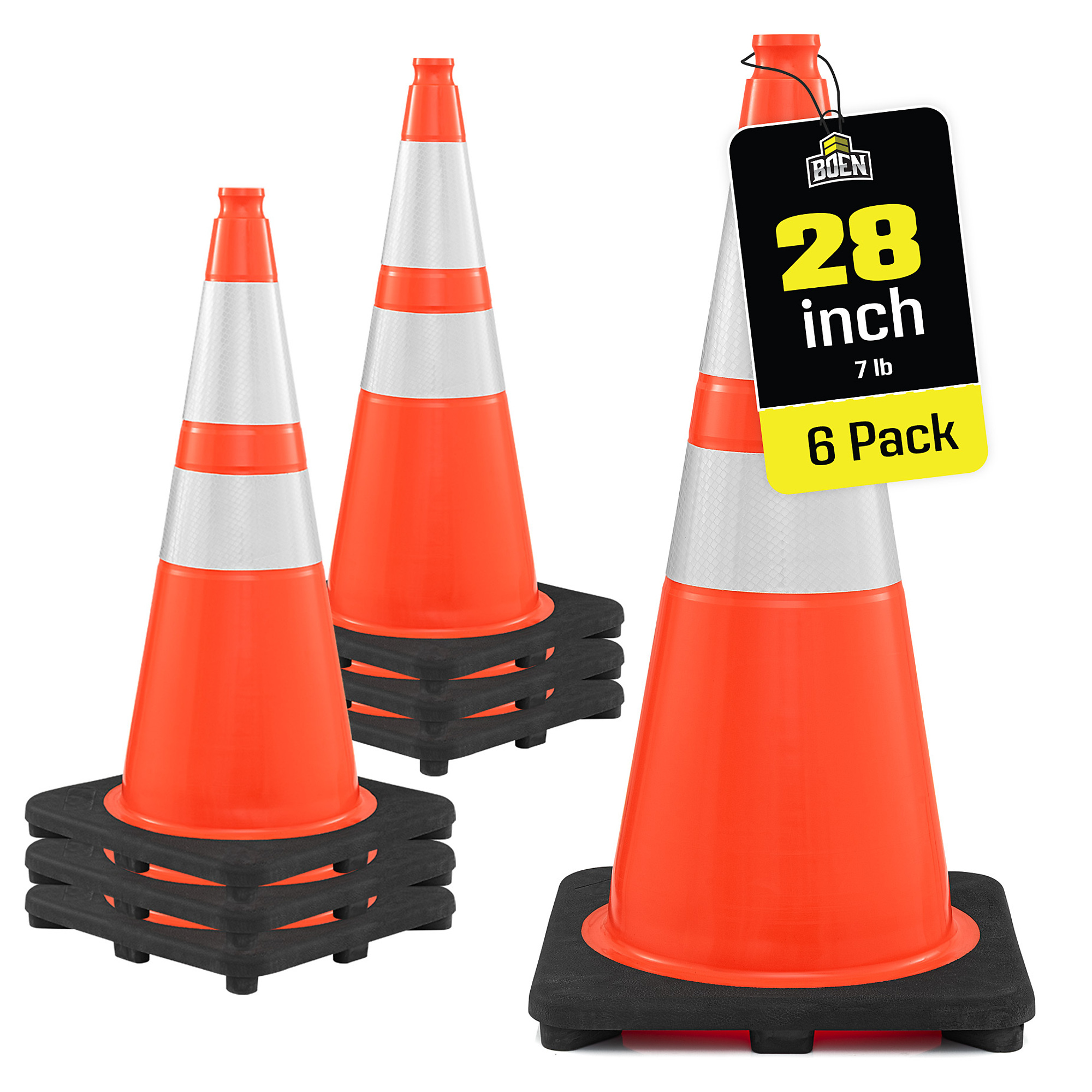 Boen 28 in. Orange Traffic Cones, 6-Pack, MUTCD Compliant Traffic Cones with 2 Reflective Collars & 7 lb. Base for Road Work, Parking & Traffic Control
